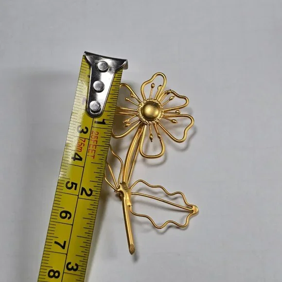 Gold Tone Flower Brooch Open Wire Daisy Mid Century Modernist Statement Vintage - Picture 9 of 10